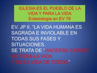 LOS APORTES DE LA IGLESIA A UNA MUERTE DIGNA                        SE RESUMEN EN:1º. LA IGLESIA SE SITUA ANTE LA MUERTE DESDE UN ANHELO ESPERANZADO DE LIBERACION DEFINITIVA DE  LA PERSONANo de desintegración del “yo” 2º. LA IGLESIA OFRECE UNA VIA PARA PADECER BIEN TODOS LOS DOLORES Como camino de purificación y santificación3º. LA IGLESIA ABRE SUS ENTRAÑAS ASISTENCIALES PARA QUE TODO SUFRIENTE MUERA EN LAS MANOS DE UN HERMANO, Ni ensañamiento terapéutico, ni dolor innecesario4º. LA IGLESIA EXIGE UN RESPETO ABSOLUTO DE LA VIDA DE CADA UNO Y DE TODOS LOS SERES HUMANOSNi antes, ni después, que Dios permita el final5º. LA IGLESIA SE CONSTITUYE EN EL PUEBLO GUARDIAN DE TODA VIDA Y DE TODAS LAS VIDAS
