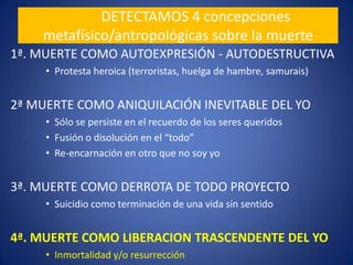 	DETECTAMOS 4 concepciones metafísico/antropológicas sobre la muerte1ª. MUERTE COMO AUTOEXPRESIÓN - AUTODESTRUCTIVAProtesta heroica (terroristas, huelga de hambre, samurais)2ª MUERTE COMO ANIQUILACIÓN INEVITABLE DEL YOSólo se persiste en el recuerdo de los seres queridosFusión o disolución en el “todo”  Re-encarnación en otro que no soy yo3ª. MUERTE COMO DERROTA DE TODO PROYECTOSuicidio como terminación de una vida sin sentido 4ª. MUERTE COMO LIBERACION TRASCENDENTE DEL YOInmortalidad y/o resurrección