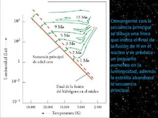 Serie principal
HR
Convergente con la
secuencia principal
se dibuja una línea
que indica el final de
la fusión de H en el
núcleo y se produce
un pequeño
aumento en la
luminosidad, además
la estrella abandona
la secuencia
principal.
 