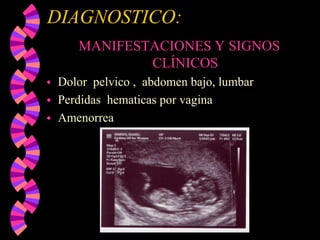 DIAGNOSTICO:MANIFESTACIONES Y SIGNOS CLÍNICOSDolor pelvico ,  abdomen bajo, lumbarPerdidas  hematicaspor vaginaAmenorrea