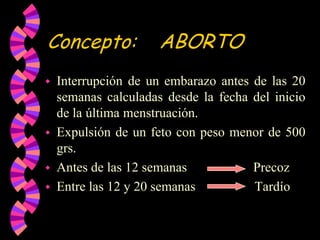 Concepto:    ABORTOInterrupción de un embarazo antes de las 20 semanas calculadas desde la fecha del inicio de la última menstruación.Expulsión de un feto con peso menor de 500 grs.Antes de las 12 semanas		     PrecozEntre las 12 y 20 semanas	Tardío