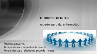 ALBERTO GONZALEZ
SUPERVISOR TRAUMATOLOGÍA
Mi propia muerte.
Terapia de acercamiento a la muerte
Pensamientos y reflexiones sobre la muerte
EL PROCESO DE DUELO
muerte, pérdida, enfermedad
 