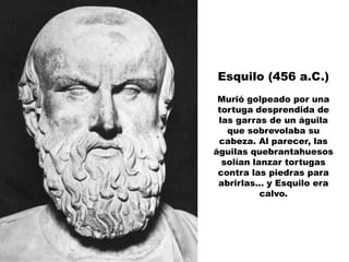 Esquilo (456 a.C.)
 Murió golpeado por una
 tortuga desprendida de
 las garras de un águila
   que sobrevolaba su
 cabeza. Al parecer, las
águilas quebrantahuesos
  solían lanzar tortugas
 contra las piedras para
 abrirlas... y Esquilo era
           calvo.
 