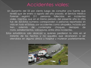 Un aumento del 53 por ciento luego de consultar una fuente que
reveló que de enero a agosto del año pasado, el Servicio Médico
Forense
registró
211
personas
fallecidas
en
incidentes
viales, mientras que en el mismo periodo del presente año la cifra
fue de 323.Estos números corresponden a personas reportadas sin
vida en todo el Estado por accidentes como atropellos, incluido por
tren,
además
de
contemplar
choques,
derrapes
de
moto, estrellamientos, volcaduras, entre otros incidentes.
Estas estadísticas solo abarcan a quienes perdieron la vida en el
instante de los hechos y no aquellos que alcanzaron a ser
atendidos en alguna clínica u hospital y murieran posteriormente.

 