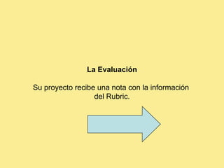 La Evaluación Su proyecto recibe una nota con la información  del Rubric. 