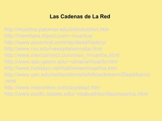 Las Cadenas de La Red   http:// muertos . palomar . edu /introduction. htm http://members.tripod.com/~ muertos / http://www. azcentral .com/rep/dead/history/ http://www. niu . edu / newsplace / nndia .html http://www.mexconnect.com/mex_/muertos.html http://www. sas . upenn . edu /~ ulmerw / muerto . htm http://www.holidays.net/ halloween / muertos . htm http://www. usc . edu / isd /locations/ ssh / boeckmann /Dead/ karno .html http://www. mexonline .com/ daydead . htm http://www.public. iastate . edu /~ rjsalvad / scmfaq / muertos .html 