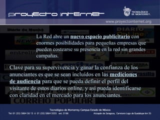 La Red abre un  nuevo espacio publicitario  con enormes posibilidades para pequeñas empresas que pueden costearse su presencia en la red sin grandes campañas. Clave para su supervivencia y ganar la confianza de los anunciantes es que se sean incluídos en las  mediciones de audiencia  para que se pueda definir el perfil del visitante de estos diarios online, y así pueda identificarse con claridad en el mercado para los anunciantes . 