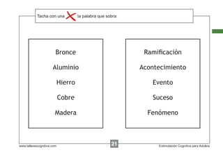 Tacha con instrucciones...
            Escribir lasuna     la palabra que sobra:




                        Bronce                           Ramiﬁcación

                      Aluminio                          Acontecimiento

                            Hierro                         Evento

                            Cobre                           Suceso

                        Madera                            Fenómeno



www.tallerescognitiva.com                        00
                                                 21          Estimulación Cognitiva para Adultos
 