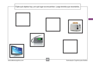 Fíjate qué objetos hay y en
            Escribir las instrucciones...qué lugar se encuentran. Luego tendrás que recordarlos.




www.tallerescognitiva.com                           41
                                                    00                        Estimulación Cognitiva para Adultos
 