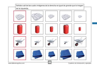Señala cuál de las cuatro imágenes de la derecha es igual de grande que la imagen
            Escribir las instrucciones...
            de la izquierda.




www.tallerescognitiva.com                         48
                                                  00                       Cuaderno de introducción y ejemplos
 