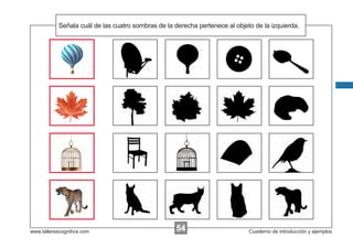 Señala las de las cuatro sombras de la derecha pertenece al objeto de la izquierda.
            Escribircuál instrucciones...




www.tallerescognitiva.com                           54
                                                    00                       Cuaderno de introducción y ejemplos
 