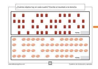¿Cuántos objetos hay en cada cuadro? Escribe el resultado a la derecha.




                                                                                  TOTAL:




                                                                                  TOTAL:



www.tallerescognitiva.com                         66                     Cuaderno de introducción y ejemplos
 