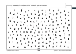 Rodea las instrucciones... números que encuentres:
            Escribircon círculos todos los xxxxx que encuentres como este:
                                 sólo los


                b               j       r    z          e          q         5        8          i
                                    6              j        7                             o              k
       0 w          7
                            k      d
                                      s 9
                                              d         0 l 8 ñ                   9
                                                                                                  9
                               7                              3                           2              1
   s        7       5       c 8 0 y 0 5                                          p
                                                        9 x     4                                 h
                                                                                           y             6
      3      q v            1 4 9 e 3 f                x 1 4 p                   6
  6         a 2             6 1 c 9          1           i n 2 8                   g 7 j p
                                        0  z
        4       2       f    8 6 0 m         5         3 5 w 5                   u 4 2 3
  k         r       8       a 0 b 2 2 g                  t 8 5 7                 o  8 b 6
                                         8
     7 4 5                  6 3 s h          9          v r h f                  8 q 7 o
   l 3 l                     1 g 9        7             3 4 0                    v
                                      4       d                   1                  w 9 1
                            u       n 3 1 3
    9 t 5                        2                        4 m y                   a       0          t    i
                             2                                    6
                0                  5      u 4             ñ   e                   7       ñ      0
    z               m           n     6                     1    2                                       x
www.tallerescognitiva.com                         00
                                                  06                         Cuaderno de introducción y ejemplos
 