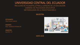 UNIVERSIDAD CENTRAL DEL ECUADOR
FACULTAD DE FILOSOFÍA,LETRAS y CIENCIAS DE LA EDUCACIÓN
CARRERA DE PSICOLOGÍA EDUCATIVA
METODOLOGÍA DE LA INVESTIGACIÓN II
MUESTRA
ESTUDIANTE:
CRISTHIAN CHÁVEZ
DOCENTE:
MSC. GONZALO REMACHE
SEMESTRE:
QUINTO “A”
MAYO 2018
 