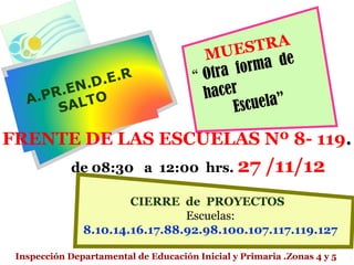 MUE       ST R A
                                          tra for  m a de
                                       “O
                                        ha c e r
                                               E scuela”

FRENTE DE LAS ESCUELAS Nº 8- 119.
            de 08:30 a 12:00 hrs. 27                  /11/12
                       CIERRE de PROYECTOS
                                Escuelas:
               8.10.14.16.17.88.92.98.100.107.117.119.127

 Inspección Departamental de Educación Inicial y Primaria .Zonas 4 y 5
 