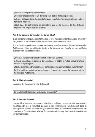 TÍTULO PRELIMINAR
15
¿Cuál es la lengua oficial del Estado?
¿Conocer el castellano es un derecho o un deber de los españoles?
Además del castellano, las demás lenguas españolas ¿serán oficiales en todo el
territorio nacional?
¿Qué tipo de patrimonio se considera que es la riqueza de las distintas
modalidades lingüísticas de España?
Art. 4. La bandera de España y las de las CC.AA
1. La bandera de España está formada por tres franjas horizontales, roja, amarilla y
roja, siendo la amarilla de doble anchura que cada una de las rojas.
2. Los Estatutos podrán reconocer banderas y enseñas propias de las Comunidades
Autónomas. Estas se utilizarán junto a la bandera de España en sus edificios
públicos y en sus actos oficiales.
¿Cuántas franjas verticales tiene la bandera de España?
A franja amarilla de la bandera de España ¿es el doble, la mitad o igual anchura
que las franjas rojas?
¿Qué o quienes podrán reconocer banderas de las Comunidades Autónomas?
En los edificios públicos autonómicos, ¿basta con poner la bandera de la
Comunidad Autónoma?
Art. 5. Madrid, capital
La capital del Estado es la villa de Madrid.
La capital del Estado, ¿es una ciudad o una villa?
Art. 6. Partidos Políticos.
Los partidos políticos expresan el pluralismo político, concurren a la formación y
manifestación de la voluntad popular y son instrumento fundamental para la
participación política. Su creación y el ejercicio de su actividad son libres dentro del
respeto a la Constitución y a la ley. Su estructura interna y funcionamiento deberán
ser democráticos.
 
