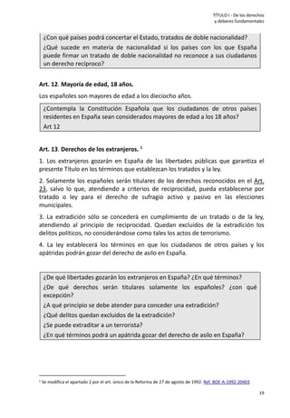 TÍTULO I - De los derechos
y deberes fundamentales
19
¿Con qué países podrá concertar el Estado, tratados de doble nacionalidad?
¿Qué sucede en materia de nacionalidad si los países con los que España
puede firmar un tratado de doble nacionalidad no reconoce a sus ciudadanos
un derecho recíproco?
Art. 12. Mayoría de edad, 18 años.
Los españoles son mayores de edad a los dieciocho años.
¿Contempla la Constitución Española que los ciudadanos de otros países
residentes en España sean considerados mayores de edad a los 18 años?
Art 12
Art. 13. Derechos de los extranjeros. 1
1. Los extranjeros gozarán en España de las libertades públicas que garantiza el
presente Título en los términos que establezcan los tratados y la ley.
2. Solamente los españoles serán titulares de los derechos reconocidos en el Art.
23, salvo lo que, atendiendo a criterios de reciprocidad, pueda establecerse por
tratado o ley para el derecho de sufragio activo y pasivo en las elecciones
municipales.
3. La extradición sólo se concederá en cumplimiento de un tratado o de la ley,
atendiendo al principio de reciprocidad. Quedan excluidos de la extradición los
delitos políticos, no considerándose como tales los actos de terrorismo.
4. La ley establecerá los términos en que los ciudadanos de otros países y los
apátridas podrán gozar del derecho de asilo en España.
¿De qué libertades gozarán los extranjeros en España? ¿En qué términos?
¿De qué derechos serán titulares solamente los españoles? ¿con qué
excepción?
¿A qué principio se debe atender para conceder una extradición?
¿Qué delitos quedan excluidos de la extradición?
¿Se puede extraditar a un terrorista?
¿En qué términos podrá un apátrida gozar del derecho de asilo en España?
1 Se modifica el apartado 2 por el art. único de la Reforma de 27 de agosto de 1992. Ref. BOE-A-1992-20403
 