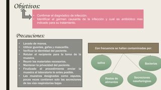 Objetivos:
Precauciones:
• Confirmar el diagnóstico de infección.
• Identificar el germen causante de la infección y cual es antibiótico mas
indicado para su tratamiento.
Con frecuencia se hallan contaminadas por:
saliva
Secreciones
nasofaríngeas
Bacterias
Restos de
alimentos
• Lavado de manos.
• Utilizar guantes, gafas y mascarilla.
• Verificar la identidad del paciente.
• Rotular el recipiente para la toma de la
muestra.
• Reunir los materiales necesarios.
• Mantener la privacidad del paciente.
• Finalizado el procedimiento enviar la
muestra al laboratorio lo antes posible.
• Las muestras designadas como esputos,
pocas veces contienen solo las secreciones
de las vías respiratorias bajas
 
