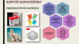 2.- Bolsa de
riesgos
biológicos
para el envío
de la muestra
al laboratorio.
1.-
Recipiente
estéril, (Boca
del recipiente
ancha y con
cierre
hermético).
3.- Muestra
perfectame
nte
identificada
.
4.- Enviar al
laboratorio con
prontitud.
Conservar
refrigerado a 4 °C
y protegido de la
luz para evitar
error en el
resultado.
6.- Bata,
mascarilla
(HEPA o N95
si el paciente
tiene TB)
gafas si es
necesario.
5.- Guantes de
procedimiento.
 
