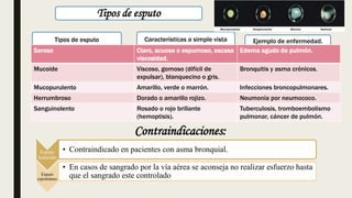 Tipos de esputo
Tipos de esputo Ejemplo de enfermedad.
Características a simple vista
Seroso Claro, acuoso o espumoso, escasa
viscosidad.
Edema agudo de pulmón.
Mucoide Viscoso, gomoso (difícil de
expulsar), blanquecino o gris.
Bronquitis y asma crónicos.
Mucopurulento Amarillo, verde o marrón. Infecciones broncopulmonares.
Herrumbroso Dorado o amarillo rojizo. Neumonía por neumococo.
Sanguinolento Rosado o rojo brillante
(hemoptisis).
Tuberculosis, tromboembolismo
pulmonar, cáncer de pulmón.
Esputo
Inducido
• Contraindicado en pacientes con asma bronquial.
Esputo
espontáneo
• En casos de sangrado por la vía aérea se aconseja no realizar esfuerzo hasta
que el sangrado este controlado
Contraindicaciones:
 