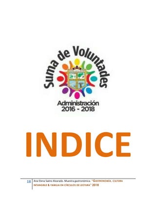 18 Ana Elena Saénz Alvarado. Muestra gastronómica. “GASTRONOMÍA, CULTURA
INTANGIBLE & FAMILIA EN CÍRCULOS DE LECTURA” 2018
INDICE
 