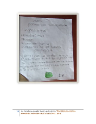 24 Ana Elena Saénz Alvarado. Muestra gastronómica. “GASTRONOMÍA, CULTURA
INTANGIBLE & FAMILIA EN CÍRCULOS DE LECTURA” 2018
 
