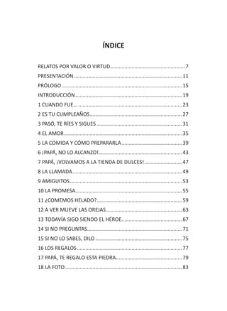 ÍNDICE
RELATOS POR VALOR O VIRTUD.....................................................7
PRESENTACIÓN............................................................................11
PRÓLOGO....................................................................................15
INTRODUCCIÓN...........................................................................19
1 CUANDO FUE….........................................................................23
2 ES TU CUMPLEAÑOS.................................................................27
3 PASÓ, TE RÍES Y SIGUES............................................................31
4 EL AMOR...................................................................................35
5 LA COMIDA Y CÓMO PREPARARLA...........................................39
6 ¡PAPÁ, NO LO ALCANZO!...........................................................43
7 PAPÁ, ¡VOLVAMOS A LA TIENDA DE DULCES!...........................47
8 LA LLAMADA.............................................................................49
9 AMIGUITOS...............................................................................53
10 LA PROMESA...........................................................................55
11 ¿COMEMOS HELADO?............................................................59
12 A VER MUEVE LAS OREJAS......................................................63
13 TODAVÍA SIGO SIENDO EL HÉROE...........................................67
14 SI NO PREGUNTAS…................................................................71
15 SI NO LO SABES, DILO.............................................................75
16 LOS REGALOS..........................................................................77
17 PAPÁ, TE REGALO ESTA PIEDRA...............................................79
18 LA FOTO..................................................................................83
 