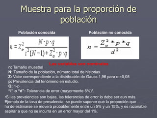 Muestra para la proporción de
                  población
       Población conocida                      Población no conocida




                         Las variables son nominales
  n: Tamaño muestral
  N: Tamaño de la población, número total de historias.
  Z: Valor correspondiente a la distribución de Gauss 1,96 para α =0,05
  p: Prevalencia del fenómeno en estudio.
  Q: 1-p
  “i” o “d”: Tolerancia de error (mayormente 5%)*.
•Si las prevalencias son bajas, las tolerancias de error lo debe ser aun más.
Ejemplo de la tasa de prevalencia, se puede suponer que la proporción que
ha de estimarse se moverá probablemente entre un 5% y un 15%, y es razonable
aspirar a que no se incurra en un error mayor del 1%.
 