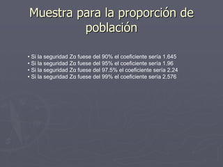 Muestra para la proporción de
         población

• Si la seguridad Zα fuese del 90% el coeficiente sería 1.645
• Si la seguridad Zα fuese del 95% el coeficiente sería 1.96
• Si la seguridad Zα fuese del 97.5% el coeficiente sería 2.24
• Si la seguridad Zα fuese del 99% el coeficiente sería 2.576
 