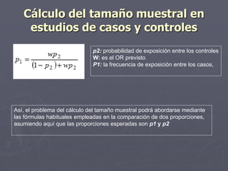 Cálculo del tamaño muestral en
    estudios de casos y controles
                              p2: probabilidad de exposición entre los controles
                              W: es el OR previsto
                              P1: la frecuencia de exposición entre los casos,




Así, el problema del cálculo del tamaño muestral podrá abordarse mediante
las fórmulas habituales empleadas en la comparación de dos proporciones,
asumiendo aquí que las proporciones esperadas son p1 y p2
 