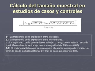 Cálculo del tamaño muestral en
    estudios de casos y controles




p1: La frecuencia de la exposición entre los casos.
p2: La frecuencia de la exposición entre los controles.
α : La seguridad con la que se desea trabajar, o riesgo de cometer un error de
tipo I. Generalmente se trabaja con una seguridad del 95% (α = 0,05).
1-β: El poder estadístico que se quiere para el estudio, o riesgo de cometer un
error de tipo II. Es habitual tomar β = 0,2, es decir, un poder del 80%.
 