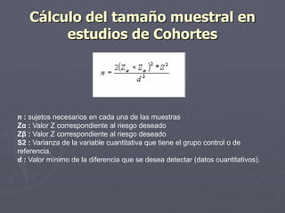 Cálculo del tamaño muestral en
        estudios de Cohortes




n : sujetos necesarios en cada una de las muestras
Zα : Valor Z correspondiente al riesgo deseado
Zβ : Valor Z correspondiente al riesgo deseado
S2 : Varianza de la variable cuantitativa que tiene el grupo control o de
referencia.
d : Valor mínimo de la diferencia que se desea detectar (datos cuantitativos).
 