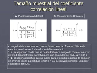 Tamaño muestral del coeficiente
           correlación lineal
      A. Planteamiento bilateral          B. Planteamiento Unilateral




r: magnitud de la correlación que se desea detectar. Esto se obtiene de
estudios anteriores entre las dos variables a estudio.
1−α: la seguridad con la que se desea trabajar o riesgo de cometer un error
de tipo I. Generalmente se trabaja con una seguridad del 95% (α = 0,05 ).
1−β: el poder estadístico que se quiere para el estudio, o riesgo de cometer
un error de tipo II. Es habitual tomar β = 0,2 o, equivalentemente, un poder
estadístico del 80%.
 