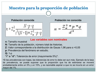 Muestra para la proporción de población


        Población conocida                            Población no conocida




                             Las variables son nominales
  n: Tamaño muestral
  N: Tamaño de la población, número total de historias.
  Z: Valor correspondiente a la distribución de Gauss 1,96 para α =0,05
  p: Prevalencia del fenómeno en estudio.
  Q: 1-p
  “i” o “d”: Tolerancia de error (mayormente 5%)*.
•Si las prevalencias son bajas, las tolerancias de error lo debe ser aun más. Ejemplo de la tasa
de prevalencia, se puede suponer que la proporción que ha de estimarse se moverá
probablemente entre un 5% y un 15%, y es razonable aspirar a que no se incurra en un error
mayor del 1%.
 