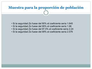 Muestra para la proporción de población



 • Si la seguridad Zα fuese del 90% el coeficiente sería 1.645
 • Si la seguridad Zα fuese del 95% el coeficiente sería 1.96
 • Si la seguridad Zα fuese del 97.5% el coeficiente sería 2.24
 • Si la seguridad Zα fuese del 99% el coeficiente sería 2.576
 