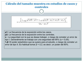 Cálculo del tamaño muestra en estudios de casos y
                   controles




p1: La frecuencia de la exposición entre los casos.
p2: La frecuencia de la exposición entre los controles.
α : La seguridad con la que se desea trabajar, o riesgo de cometer un error de
tipo I. Generalmente se trabaja con una seguridad del 95% (α = 0,05).
1-β: El poder estadístico que se quiere para el estudio, o riesgo de cometer un
error de tipo II. Es habitual tomar β = 0,2, es decir, un poder del 80%.
 
