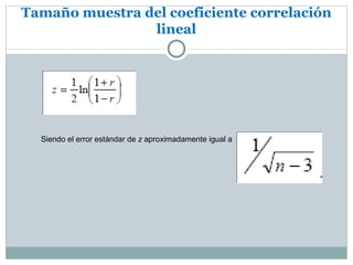 Tamaño muestra del coeficiente correlación
                lineal




  Siendo el error estándar de z aproximadamente igual a
 