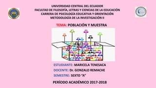 UNIVERSIDAD CENTRAL DEL ECUADOR
FACULTAD DE FILOSOFÍA, LETRAS Y CIENCIAS DE LA EDUCACIÓN
CARRERA DE PSICOLOGÍA EDUCATIVA Y ORIENTACIÓN
METODOLOGÍA DE LA INVESTIGACIÓN II
TEMA: POBLACIÓN Y MUESTRA
ESTUDIANTE: MARICELA TENESACA
DOCENTE: Dr. GONZALO REMACHE
SEMESTRE: SEXTO “A”
PERÍODO ACADÉMICO 2017-2018
 