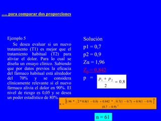 …. para comparar dos proporciones




  Ejemplo 5                                     Solución
      Se desea evaluar si un nuevo
  tratamiento (T1) es mejor que el              p1 = 0,7
  tratamiento habitual (T2) para                p2 = 0,9
  aliviar el dolor. Para lo cual se
  diseña un ensayo clínico. Sabiendo            Zα = 1,96
  que por datos previos la eficacia             Zβ = 0,842
  del fármaco habitual está alrededor
  del    70%     y    se    considera           p = p1  p 2
  clínicamente relevante si el nuevo                                      0 ,8
  fármaco alivia el dolor en 90%. El                           2
  nivel de riesgo es 0,05 y se desea
  un poder estadístico de 80%.
                              n 
                                  1.96 *   2 * 0.8(1  0.8)  0.842 *   0.7(1  0.7)  0.9(1  0.9)   
                                                                                                       2



                                                              (0.7  0.9)
                                                                            2




                                                         n = 61
 