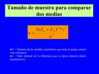 Tamaño de muestra para comparar
          dos medias

                        2(Z  Z  ) * s
                                            2      2

                 n                     2
                                    d


 S2 = Varianza de la variable cuantitativa que tiene el grupo control
 o de referencia.
 d = Valor mínimo de la diferencia que se desea detectar (datos
 cuantitativos)
 