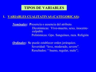 TIPOS DE VARIABLES

1. VARIABLES CUALITATIVAS (CATEGORICAS):

     Nominales: Presencia o ausencia del atributo.
                  Dicotómicas: Vivo-muerto, sexo, inocente-
                  culpable
                 Politómicas: Gpo. Sanguíneo, raza. Religión

     Ordinales: Se puede establecer orden jerárquico.
                  Severidad: “leve, moderado, severo”.
                  Resultados: “ bueno, regular, malo”;
 