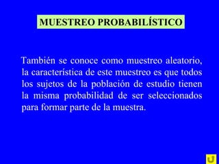 MUESTREO PROBABILÍSTICO


También se conoce como muestreo aleatorio,
la característica de este muestreo es que todos
los sujetos de la población de estudio tienen
la misma probabilidad de ser seleccionados
para formar parte de la muestra.
 