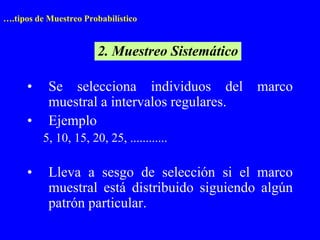….tipos de Muestreo Probabilístico


                        2. Muestreo Sistemático

      •    Se selecciona individuos del           marco
           muestral a intervalos regulares.
      •    Ejemplo
          5, 10, 15, 20, 25, ............

      •    Lleva a sesgo de selección si el marco
           muestral está distribuido siguiendo algún
           patrón particular.
 