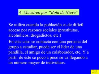 4. Muestreo por “Bola de Nieve”

Se utiliza cuando la población es de difícil
acceso por razones sociales (prostitutas,
alcohólicos, drogadictos, etc.)
En este caso se contacta con una persona del
grupo a estudiar, puede ser el líder de una
pandilla, el amigo de un colaborador, etc. Y a
partir de éste se poco a poco se va llegando a
un número mayor de individuos.
                                                 Tipos de
                                                 Muestreo
 