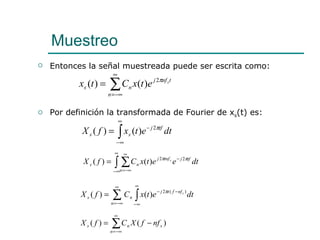 Entonces la señal muestreada puede ser escrita como: Por definición la transformada de Fourier de x s (t) es: Muestreo  