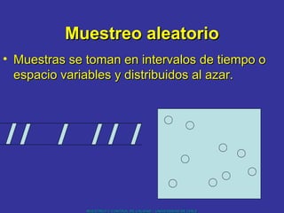 MUESTREO Y CONTROL DE CALIDAD – UNIVERSIDAD DE CHILEMUESTREO Y CONTROL DE CALIDAD – UNIVERSIDAD DE CHILE
Muestreo aleatorioMuestreo aleatorio
• Muestras se toman en intervalos de tiempo oMuestras se toman en intervalos de tiempo o
espacio variables y distribuidos al azar.espacio variables y distribuidos al azar.
 