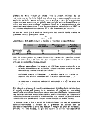 Ejemplo: Se desea realizar un estudio sobre la gestión financiera del las
microempresas de la cierta ciudad; para ello se tuvo en cuenta aquellas empresas
que tenían contador y que no tenían. Al observar que la proporción de “empresas que
tenían dentro de su empresa un contador era muy baja, se toma la decisión de no
utilizar una “muestra proporcional” puesto que dejaría en la representación de este
estrato a muy pocas empresas. El total de microempresas en la ciudad eran 1780, de
las cuales se selecciono una muestra de 80, el total de empresa por estrato es:
Se tiene en cuenta que la población de empresas esta dividida en dos estratos las
que tienen contador y las que no tienen
La distribución de la población y de la muestra se resume en la siguiente tabla:
N° empresas
Con contador
Sin contador
TOTAL

Porcentaje
de la población

N° de empresas en
la muestra

380
1400
1780

21.3
78.7
100

40
40
80

Porcentaje
de estrato en la
muestra
10.52
2.85
13.37

Como se puede apreciar, se prefiere “el muestreo estratificado uniforme” cuando
existe un estrato con pocos casos o de baja representación en la población que sin
embargo, presenta algúninterés particular.
Afijación proporcional: La muestra se distribuye proporcionalmente a los
tamaños de los estratos, es la indicada cuando no tenemos información sobre
la distribución de la característica en estudio.
Si existen k estratos de tamaños N1,...,Nk, entonces N=N1+...+Nk . Existen dos
métodos para dividir el tamaño total de la muestra n en estratos n1 ,...,nk .
Se mantiene la proporción del estrato escogiendo
n=n1+...+nk

, de modo que

Si el número de unidades de muestreo seleccionadas de cada estrato esproporcional
al tamaño relativo del estrato en la población, el resultado es unamuestra
estratificada proporcional, lo contrario es una muestra estratificada noproporcional.
Esto último es preferible si los diversos estratos no sonhomogéneos con respecto a la
característica bajo estudio.El error de muestreo de una muestra estratificada puede
considerasemenor que el de una muestra simple aleatoria del mismo tamaño.
Lo anterior sedebe a que el diseño de estratificaciones hace uso de información
adicional,considerando la división de la población de acuerdo con las
característicasrelevantes y sirve para reducir el margen de error de muestreo.El
problema con este método, es que aún cuando se conocen lascaracterísticas

 