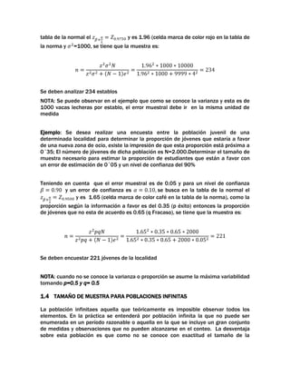 tabla de la normal el
la norma y

y es 1.96 (celda marca de color rojo en la tabla de

=1000, se tiene que la muestra es:

Se deben analizar 234 establos
NOTA: Se puede observar en el ejemplo que como se conoce la varianza y esta es de
1000 vacas lecheras por establo, el error muestral debe ir en la misma unidad de
medida
Ejemplo: Se desea realizar una encuesta entre la población juvenil de una
determinada localidad para determinar la proporción de jóvenes que estaría a favor
de una nueva zona de ocio, existe la impresión de que esta proporción está próxima a
0´35; El número de jóvenes de dicha población es N=2.000.Determinar el tamaño de
muestra necesario para estimar la proporción de estudiantes que están a favor con
un error de estimación de 0´05 y un nivel de confianza del 90%
Teniendo en cuenta que el error muestral es de 0.05 y para un nivel de confianza
y un error de confianza es
se busca en la tabla de la normal el
y es 1.65 (celda marca de color café en la tabla de la norma), como la
proporción según la información a favor es del 0.35 (p éxito) entonces la proporción
de jóvenes que no esta de acuerdo es 0.65 (q Fracaso), se tiene que la muestra es:

Se deben encuestar 221 jóvenes de la localidad
NOTA: cuando no se conoce la varianza o proporción se asume la máxima variabilidad
tomando p=0.5 y q= 0.5

1.4 TAMAÑO DE MUESTRA PARA POBLACIONES INFINITAS
La población infinitaes aquella que teóricamente es imposible observar todos los
elementos. En la práctica se entenderá por población infinita la que no puede ser
enumerada en un período razonable o aquella en la que se incluye un gran conjunto
de medidas y observaciones que no pueden alcanzarse en el conteo. La desventaja
sobre esta población es que como no se conoce con exactitud el tamaño de la

 