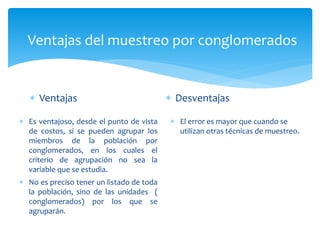 Ventajas del muestreo por conglomerados 
 Ventajas  Desventajas 
 Es ventajoso, desde el punto de vista 
de costos, si se pueden agrupar los 
miembros de la población por 
conglomerados, en los cuales el 
criterio de agrupación no sea la 
variable que se estudia. 
 No es preciso tener un listado de toda 
la población, sino de las unidades ( 
conglomerados) por los que se 
agruparán. 
 El error es mayor que cuando se 
utilizan otras técnicas de muestreo. 
 