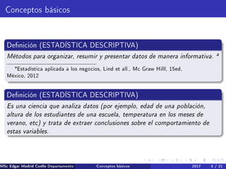 Conceptos básicos
Denición (ESTADÍSTICA DESCRIPTIVA)
Métodos para organizar, resumir y presentar datos de manera informati...